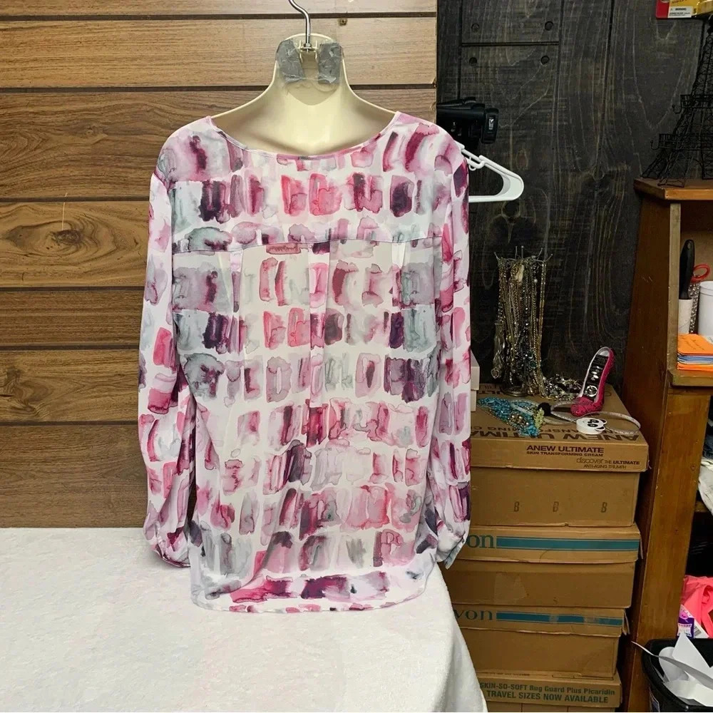 Liz Claiborne white/purple Large semi sheer long sleeve top silver buttons - Picture 3 of 5